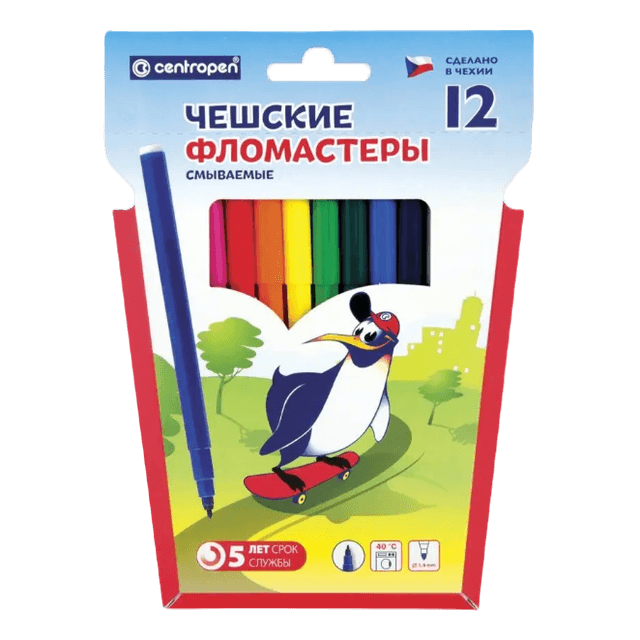 Фломастеры 12 цветов, Centropen Пингвины, пластиковый конверт Чехия