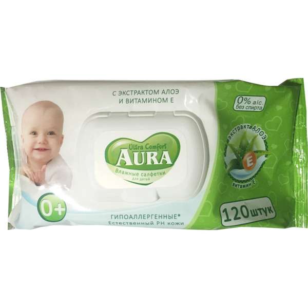 Салфетка влажная 120шт "AURA" Алоэ с витам Е с КЛАПАНОМ