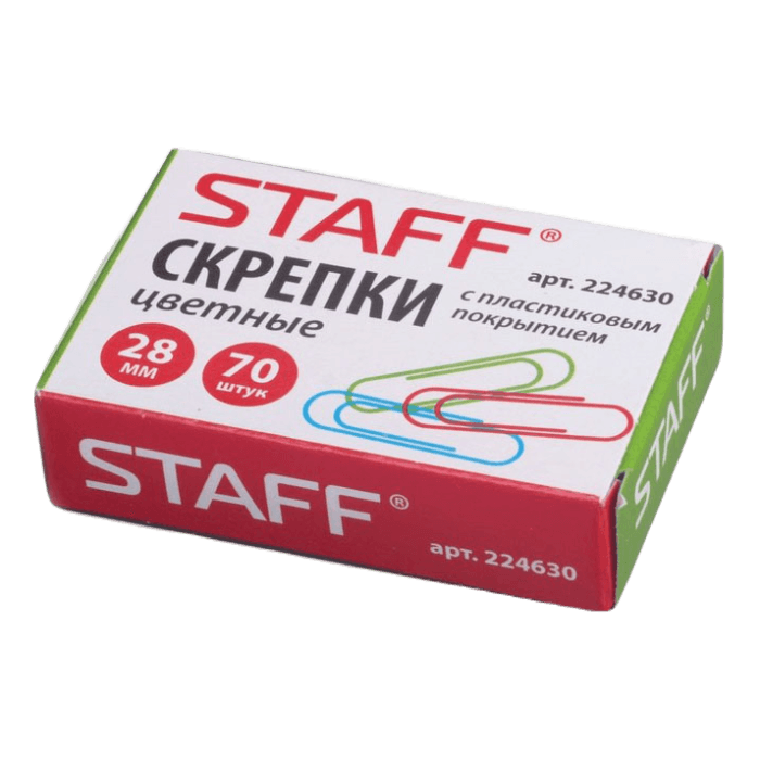 Скрепки канцелярские 28 мм цветные STAFF в картонной коробке 224630 (70 шт.упак)