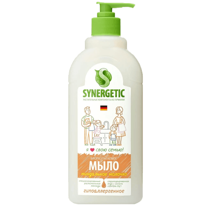 Жидкое мыло 500 мл SYNERGETIC для мытья рук и тела, биоразлагаемое, Миндальное молочко