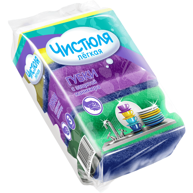 Губка для посуды "Чистюля" 3L Легкая, профильная (3 шт.упак) с защитой маникюра