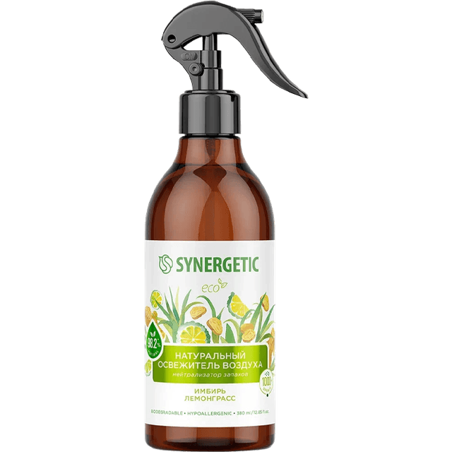 Освежитель воздуха 380 мл SYNERGETIC биоразлагаемый, гипоаллергенный, нейтрализатор запахов, Имбирь и лемонграсс