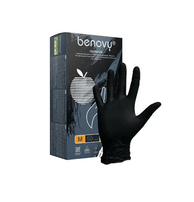 Перчатки нитриловые ЧЕРНЫЕ "BENOVY" (50 пар.упак), M