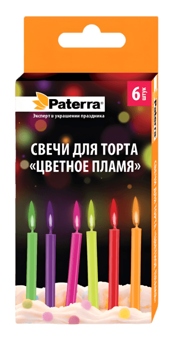 Свечи для торта ЦВЕТНОЕ ПЛАМЯ (6 шт.упак) PATERRA