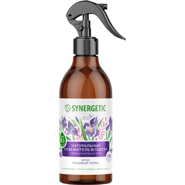 Освежитель воздуха 380 мл SYNERGETIC биоразлагаемый, гипоаллергенный, нейтрализатор запахов, Ирис и розовый перец