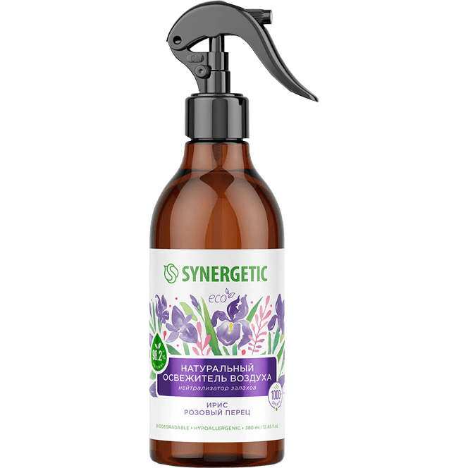 Освежитель воздуха 380 мл SYNERGETIC биоразлагаемый, гипоаллергенный, нейтрализатор запахов, Ирис и розовый перец