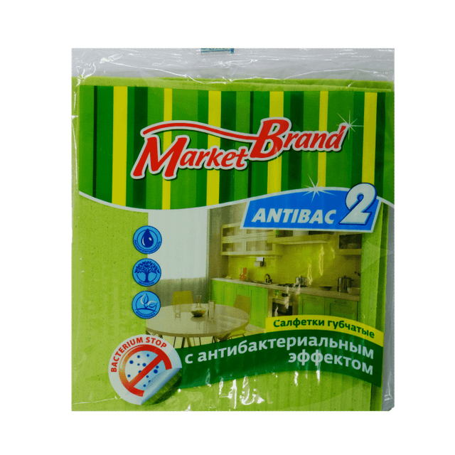 Салфетки губчатые 39*25*34 Market Brand с антибактериальным эффектом (2 шт.упак)