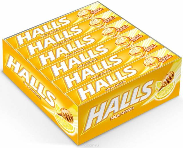 Лененцы "Halls" 25г (12 шт.упак), Мед и Лимон, Желтый