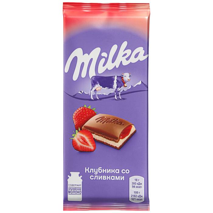 Шоколад "Milka" 85 г, Клубника со сливками