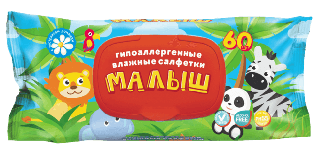 Салфетка влажная 60 шт. "Малыш" детская Джунгли с клапаном (60 салф.шт)