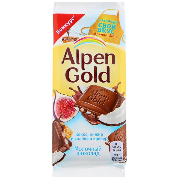 Шоколад "Alpen Gold" 85г, белый кокос и инжир