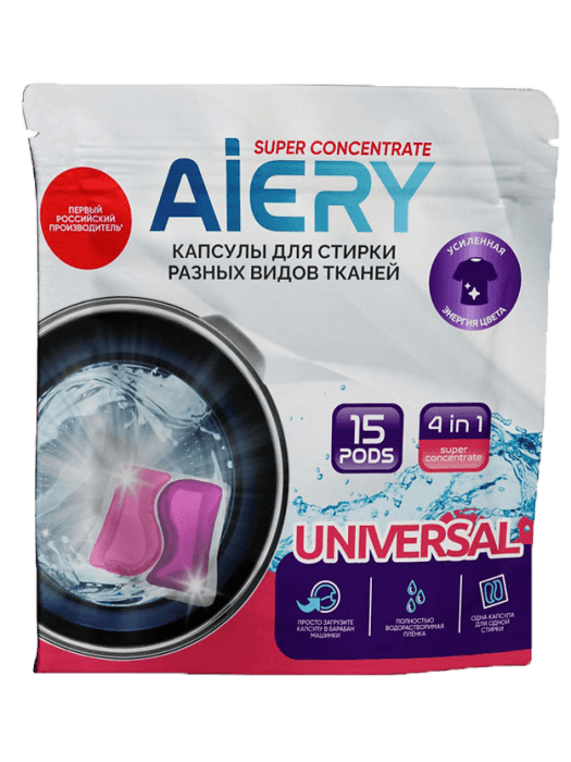 Капсулы для стирки белья "AiERY" Universal ДОЙ-ПАК 15шт*15гр