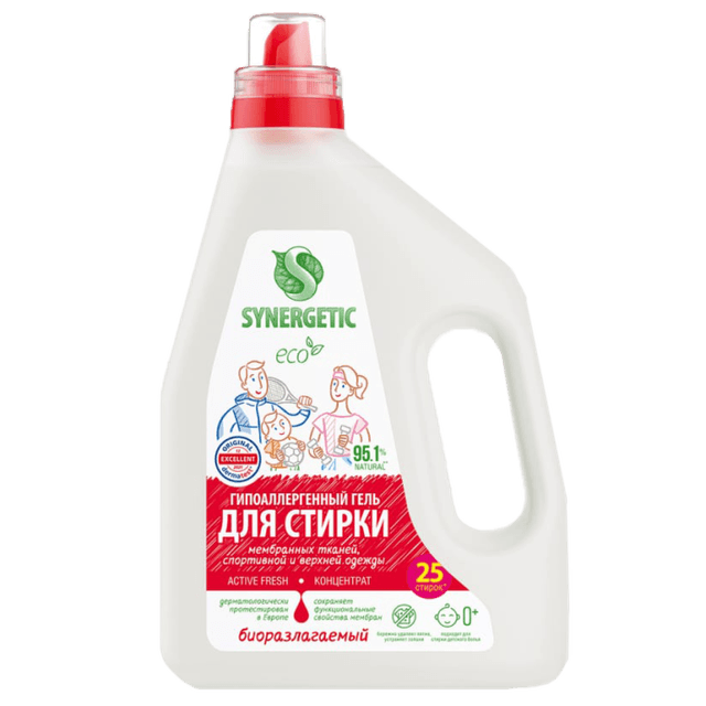 Гель-концентрат для стирки белья 1,5 л SYNERGETIC биоразлагаемый, Active fresh