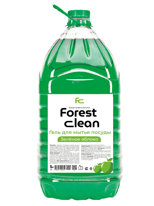 Средство для мытья посуды 5 л "FOREST clean" ПЭТ Концентрат-гель, Зеленое яблоко