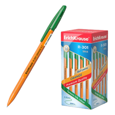 Ручка шариковая 0,7 мм ЗЕЛЕНАЯ, ErichKrause R-301 Orange Stick