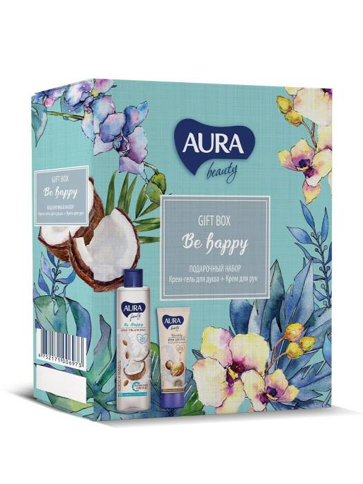 Подарочный набор "AURA" BEAUTY Be Happy/Крем-гель для душа Кокос и миндаль 250мл + Крем для рук восстан. 75мл