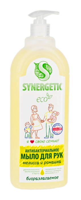 Жидкое мыло 1000 мл SYNERGETIC антибактериальное, гипоаллергенное, увлажняющее, для мытья рук и тела, Мелисса и ромашка