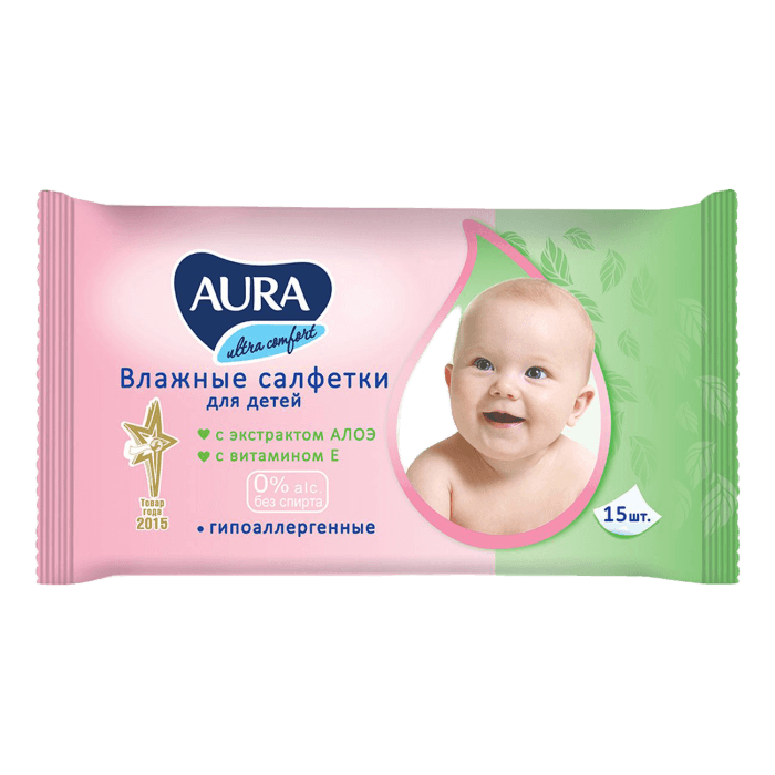 Салфетка влажная 15 шт. "AURA" для детей (15 салф.упак)