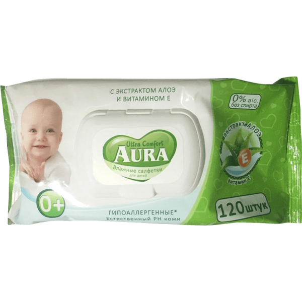Салфетка влажная 120 шт. "AURA" Детские с КЛАПАНОМ (120 салф.шт)