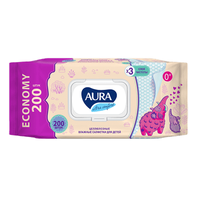 Салфетка влажная 200 шт. "AURA" ультра комфорт с КЛАПАНОМ для всей семьи (200 салф.шт)