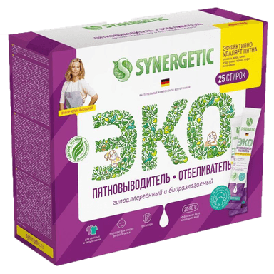 Отбеливатель-пятновыводитель 25 гр "SYNERGETIC" с активным кислородом, гипоаллергенный, биоразлагаемый (10 шт.упак)