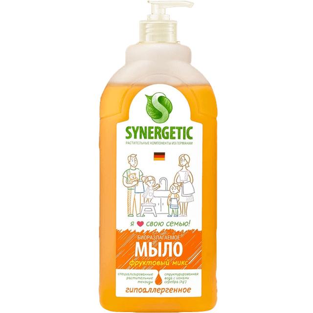 Жидкое мыло 500 мл SYNERGETIC для мытья рук и тела, биоразлагаемое, Фруктовый микс