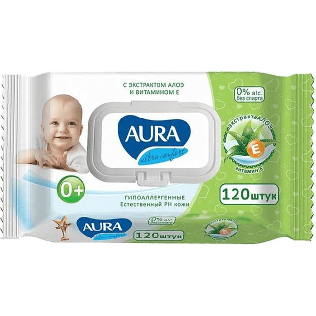 Салфетка влажная 120 шт. "AURA" Детские с КЛАПАНОМ (120 салф.шт)