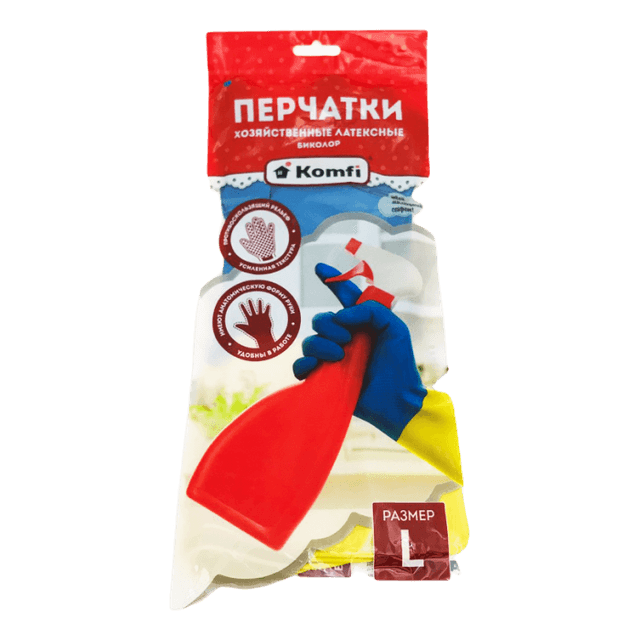 Перчатки латексные хозяйственные Биколор синий+желтый 47г Komfi, L (bicolo3)