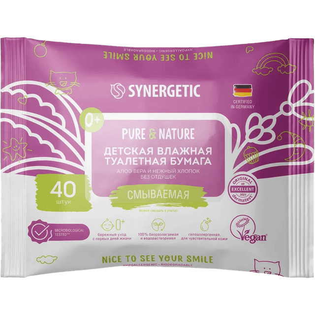 Влажная туалетная бумага SYNERGETIC Pure&Nature, Детская (40 салф.упак), Алоэ вера и нежный хлопок