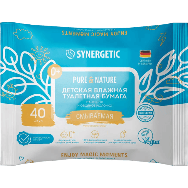 Влажная туалетная бумага SYNERGETIC Pure&Nature, Детская (40 салф.упак), Пантенол и овсяное молочко