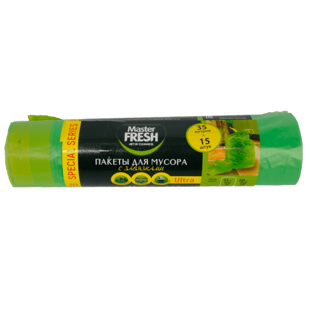 Мешки мусорные 35л/12мкм Master FRESH С УШКАМИ, ЗЕЛЕНЫЕ 30 шт.рул 20 рул.кор