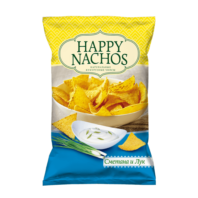 Чипсы "Happy Nachos" кукурузные 150г, Сметана/Лук