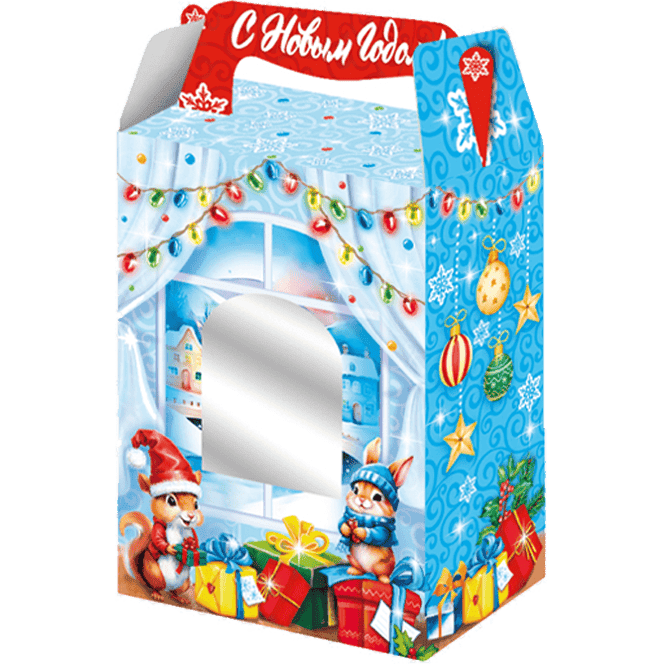 Коробка бумажная для конфет 1 кг с окном Дед мороз 140*80*195