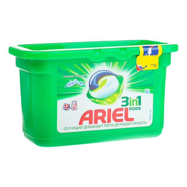 Капсулы для стирки белья "Ariel" 12 капсул 27г автомат, Горный родник