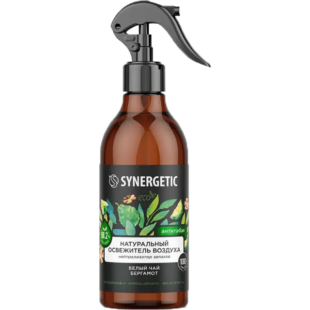 Освежитель воздуха 380 мл SYNERGETIC биоразлагаемый, гипоаллергенный, нейтрализатор запахов, Белый чай и бергамот (Антитабак)