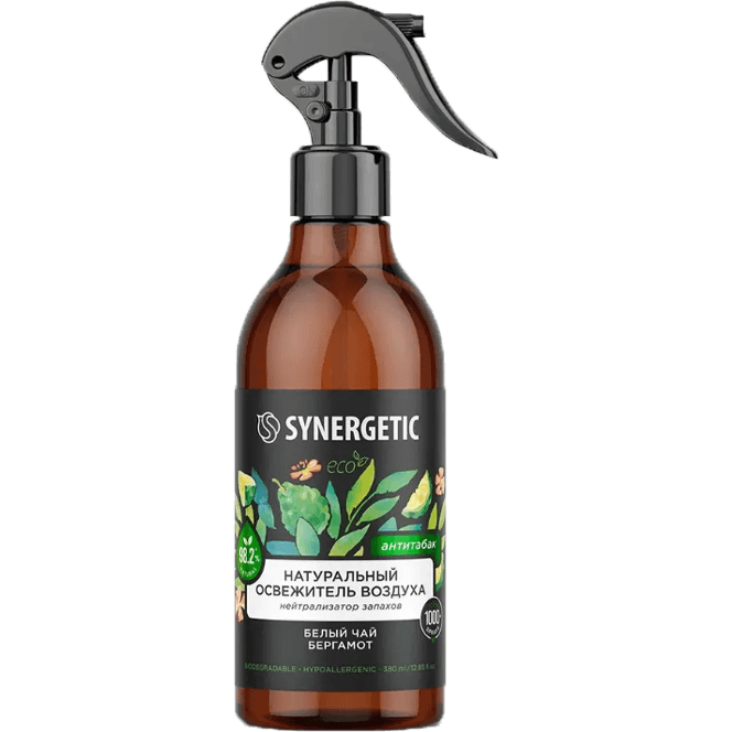 Освежитель воздуха 380 мл SYNERGETIC биоразлагаемый, гипоаллергенный, нейтрализатор запахов, Белый чай и бергамот (Антитабак)