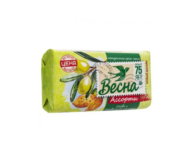 Мыло кусковое 90 г туалетное "Весна" ассорти, Олива и миндальное молочко