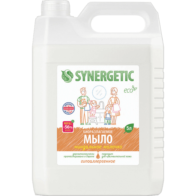 Жидкое мыло 5 л "SYNERGETIC" для мытья рук и тела, биоразлагаемое, Миндальное молочко