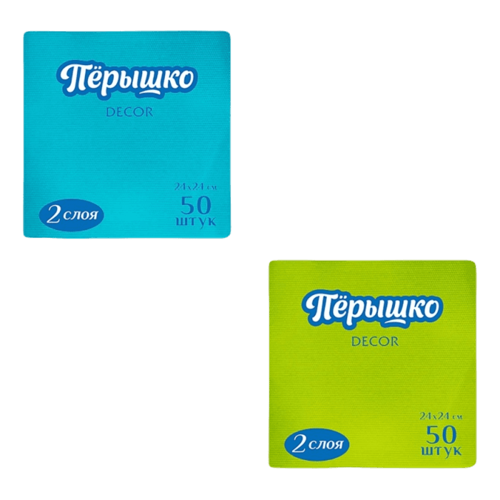 Салфетка бумажная 2-х/двухслойная 24*24 "Перышко Dekor" (50 лист.пач), Микс : Бирюза + салатный