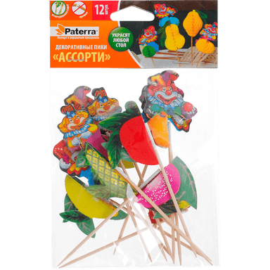Пика декоративная для канапе 100 мм "Ассорти" (15 шт.упак) Pattera