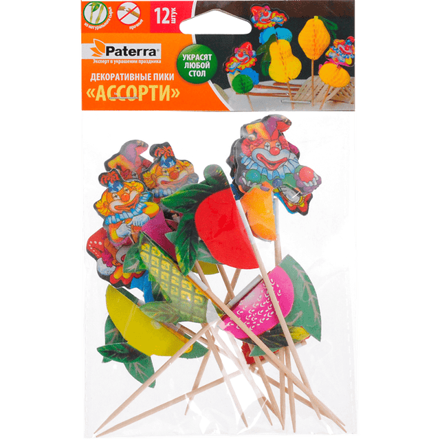 Пика декоративная для канапе 100 мм "Ассорти" (15 шт.упак) Pattera