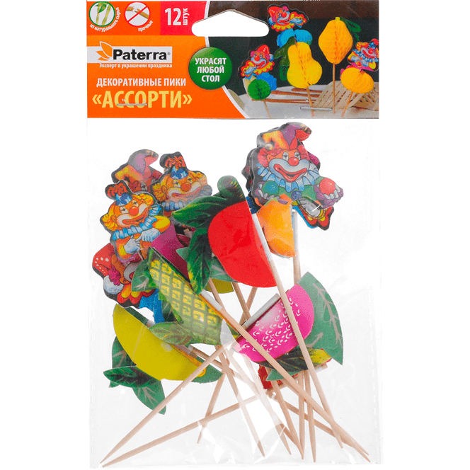 Пика декоративная для канапе 100 мм "Ассорти" (15 шт.упак) Pattera