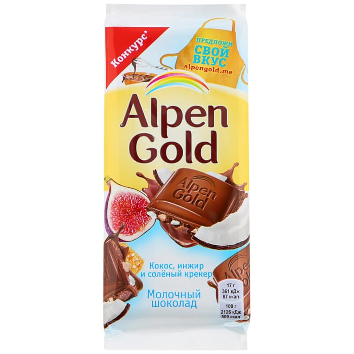 Шоколад "Alpen Gold" 85г, белый кокос и инжир