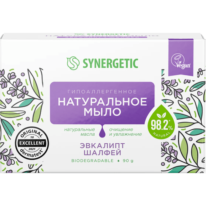 Мыло кусковое 90 гр туалетное SYNERGETIC натуральное, Эвкалипт и шалфей