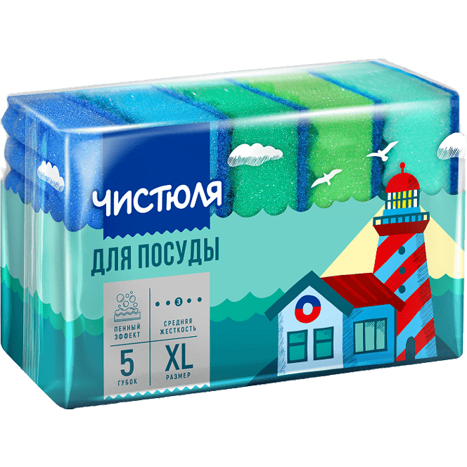 Губка для посуды "Чистюля" 5XL "Пенный эффект" 100*71*30 мм (5 шт.упак)
