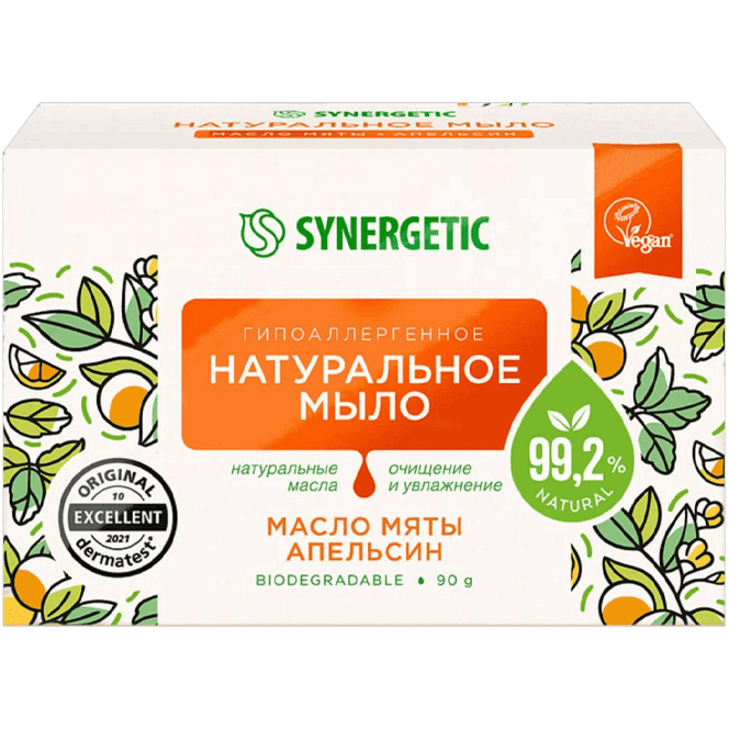 Мыло кусковое 90 гр туалетное SYNERGETIC натуральное, Масло мяты и апельсин