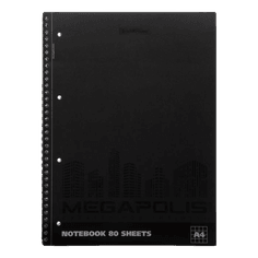 Тетрадь А4, 80 листов в клетку "MEGAPOLIS" на гребне, чёрная пластиковая обложка 49810