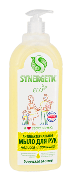 Жидкое мыло 1000 мл SYNERGETIC антибактериальное, гипоаллергенное, увлажняющее, для мытья рук и тела, Мелисса и ромашка