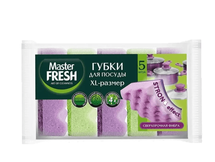 Губки для мытья посуды Master FRESH XL -размер STRONG effect 90*60*30 мм (5 шт.упак)
