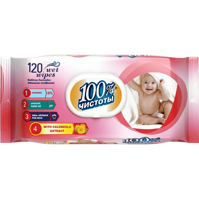 Салфетка влажная 120 шт 100% чистоты с клапаном (120 салф.пач), Календула